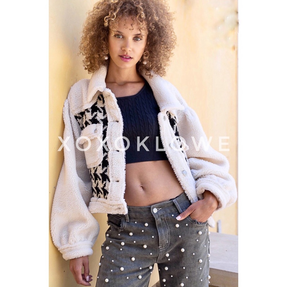 POL Ivory Teddy Coat | Houndstooth Sherpa Jacket Oversized Cropped Fit - Picture 3 of 10